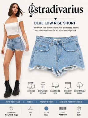 STRADIVARIUS Blue Low Rise Distressed Denim Shorts NWT Size 8